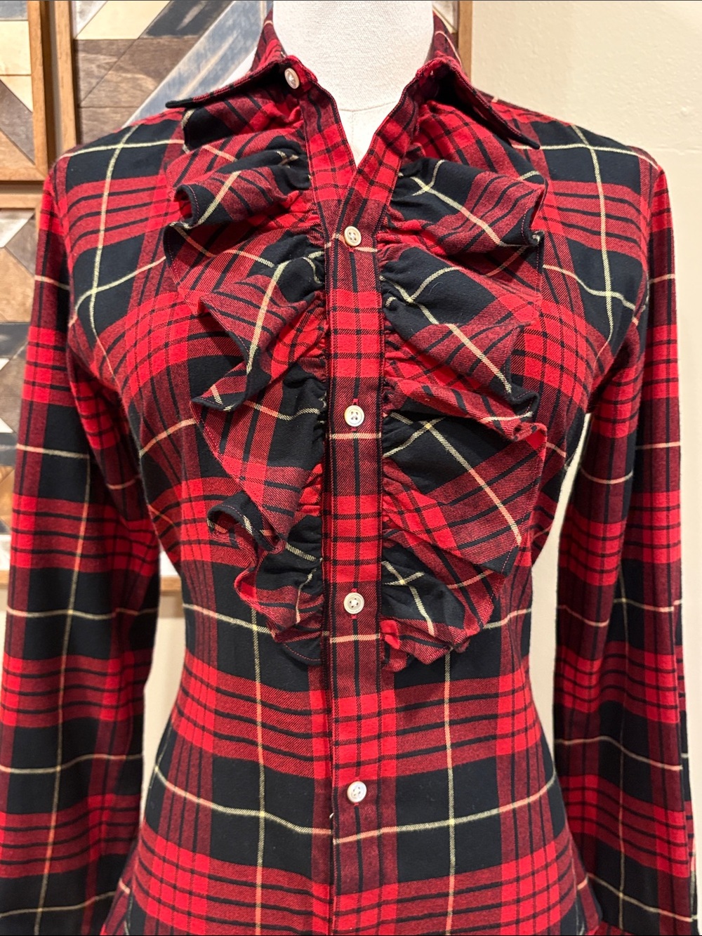 Vintage Ralph Lauren Red and Black Plaid Flannel Cotton Button-Up Ruffle Top 6 - Picture 2 of 11